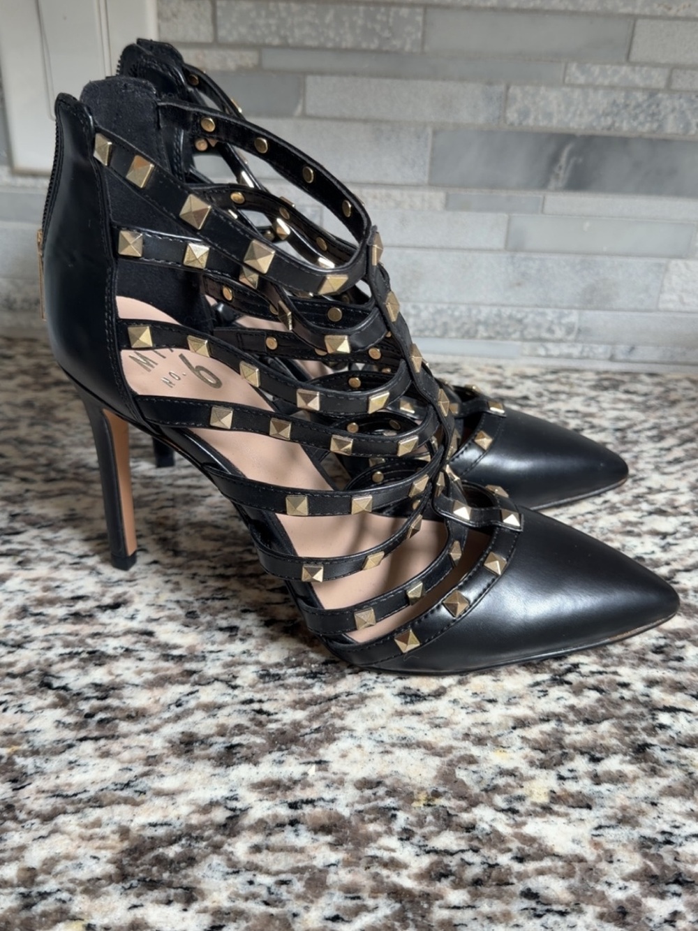 Mix No. 6 Black Strappy Pointed-Toe Heels with Gold Studs - Picture 2 of 3